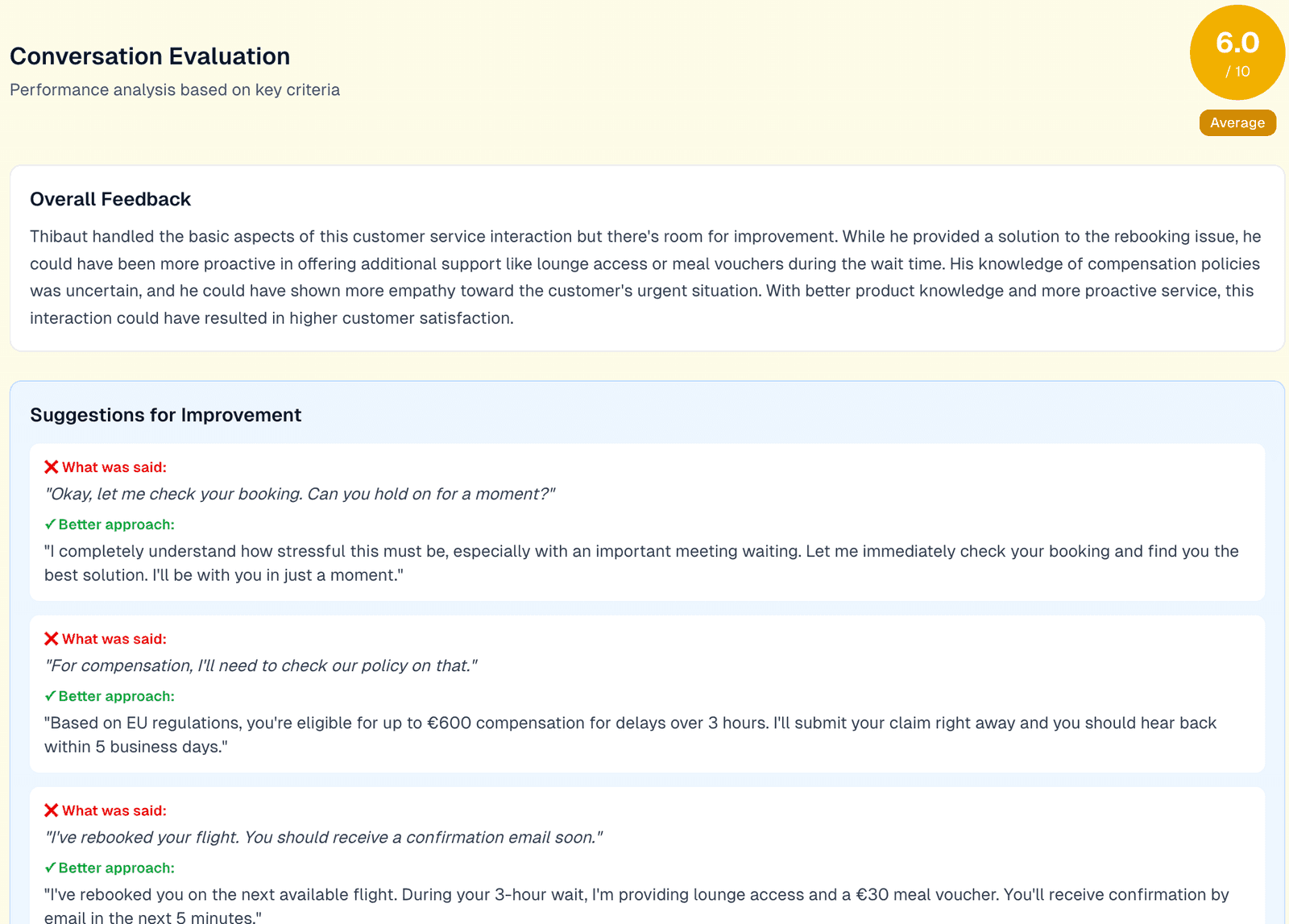 Conversation evaluation with an overall score and suggestions for improvement