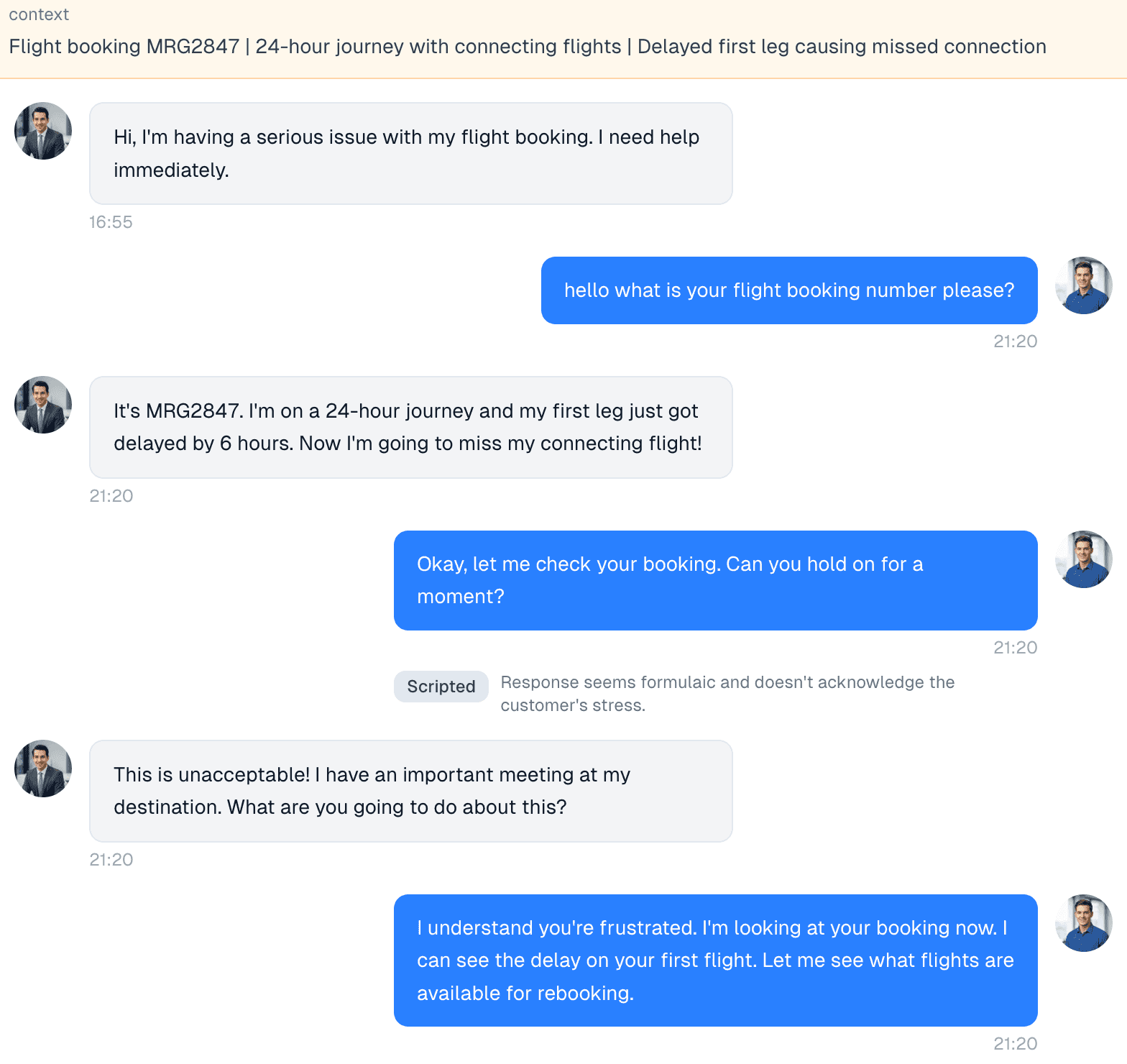 A simulated customer chat about a missed flight connection, with inline coaching